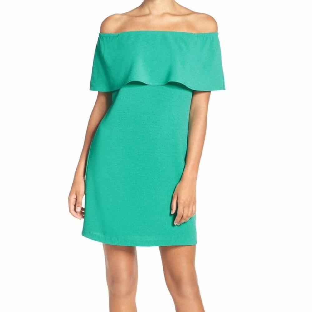 Charles Henry green off the shoulder cocktail dress